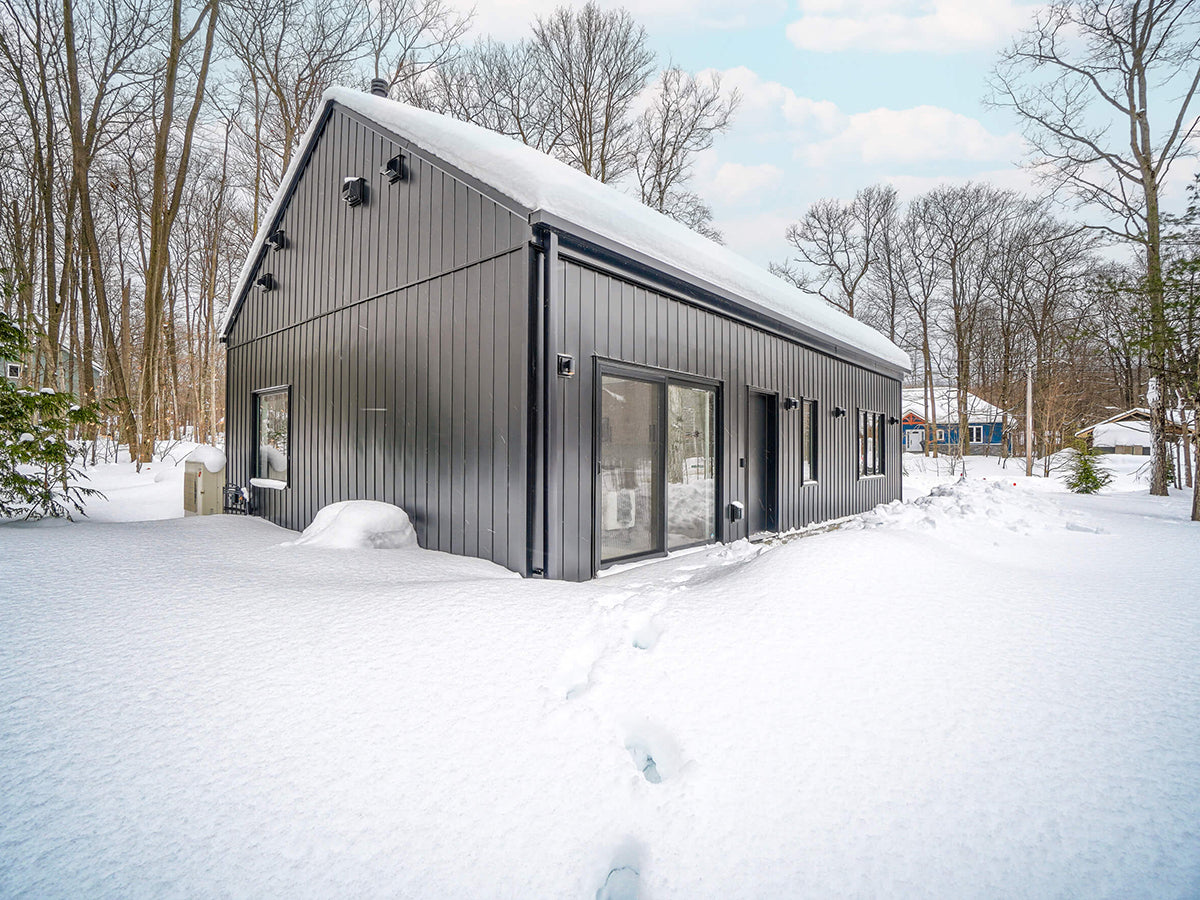 Snow-covered modern cottage exterior with black metal siding in forest setting, Design with Frank