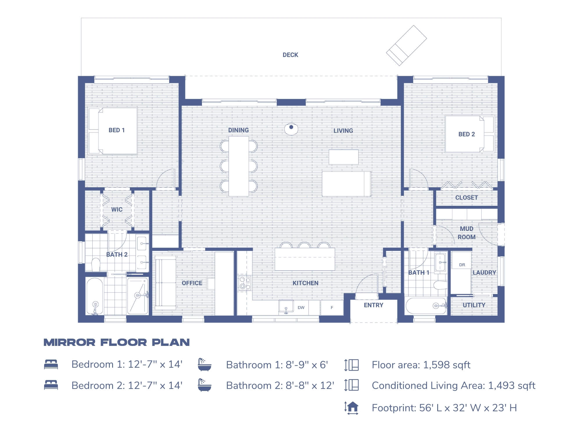 2-bedroom modern cabin floor plan blueprint — mirrored version showing open concept living, dining and kitchen with island, two bedrooms, two bathrooms, mudroom, laundry and full-width deck — 1,598 sq ft