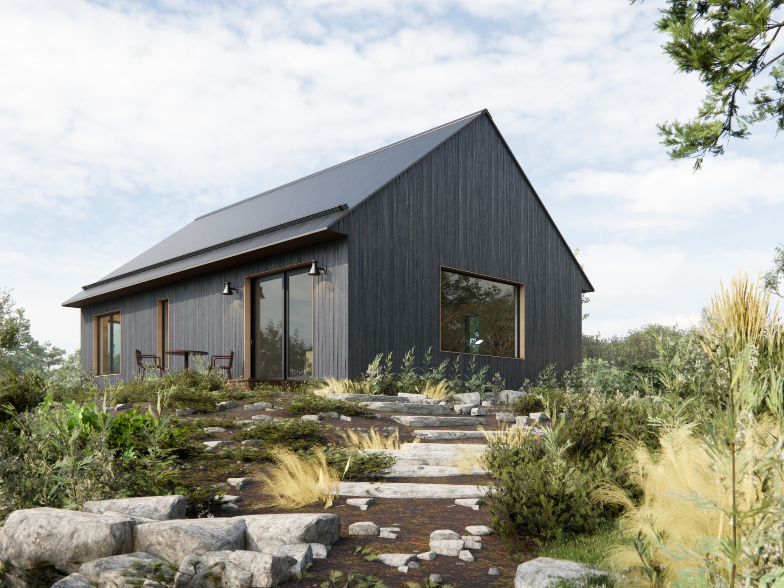 Modern black house with a sloped roof in a natural setting