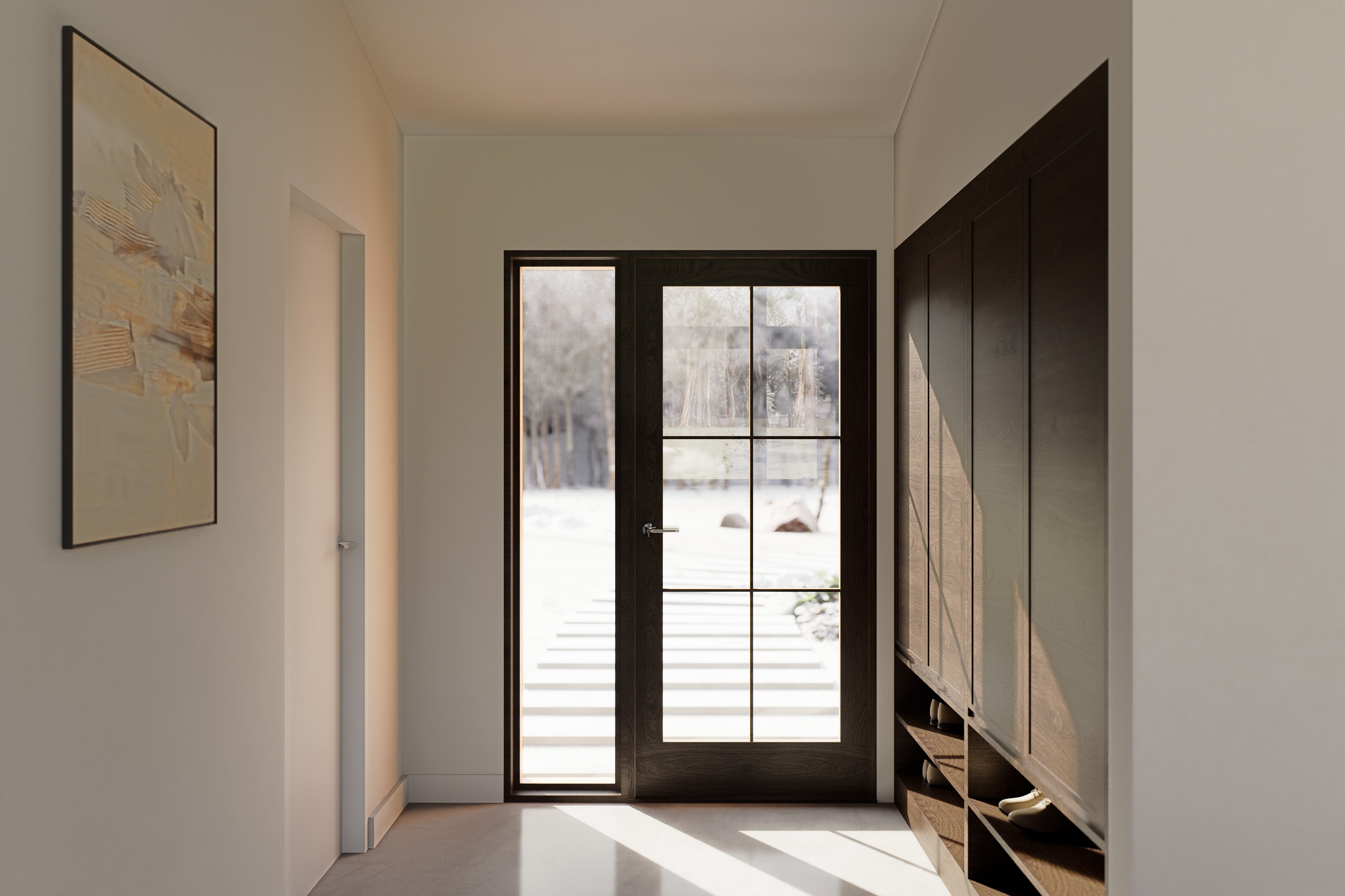 2 bedroom midcentury cabin house plan entry with glass-panel front door, sidelight window and built-in shoe storage cabinetry