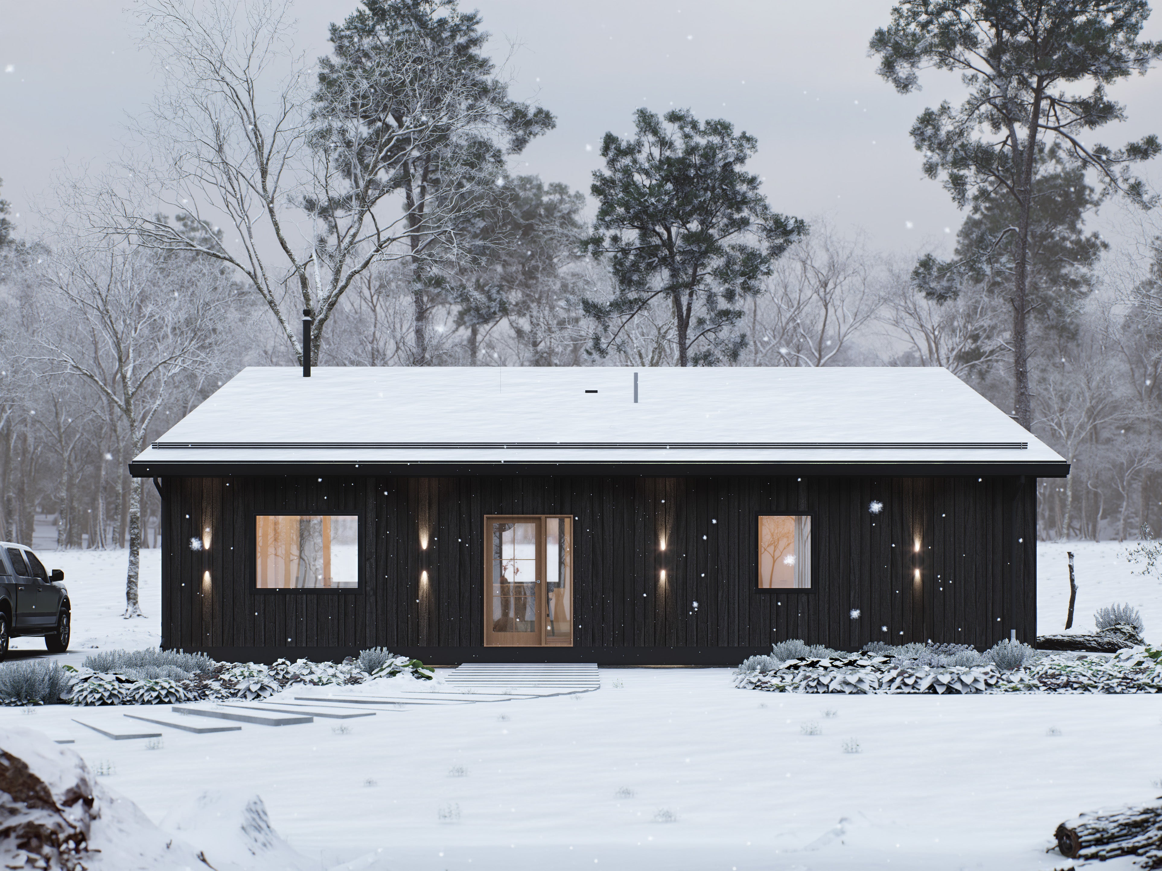 2 bedroom midcentury cabin house plan front elevation with dark wood vertical siding, shed roofline and glass-panel entry door in winter