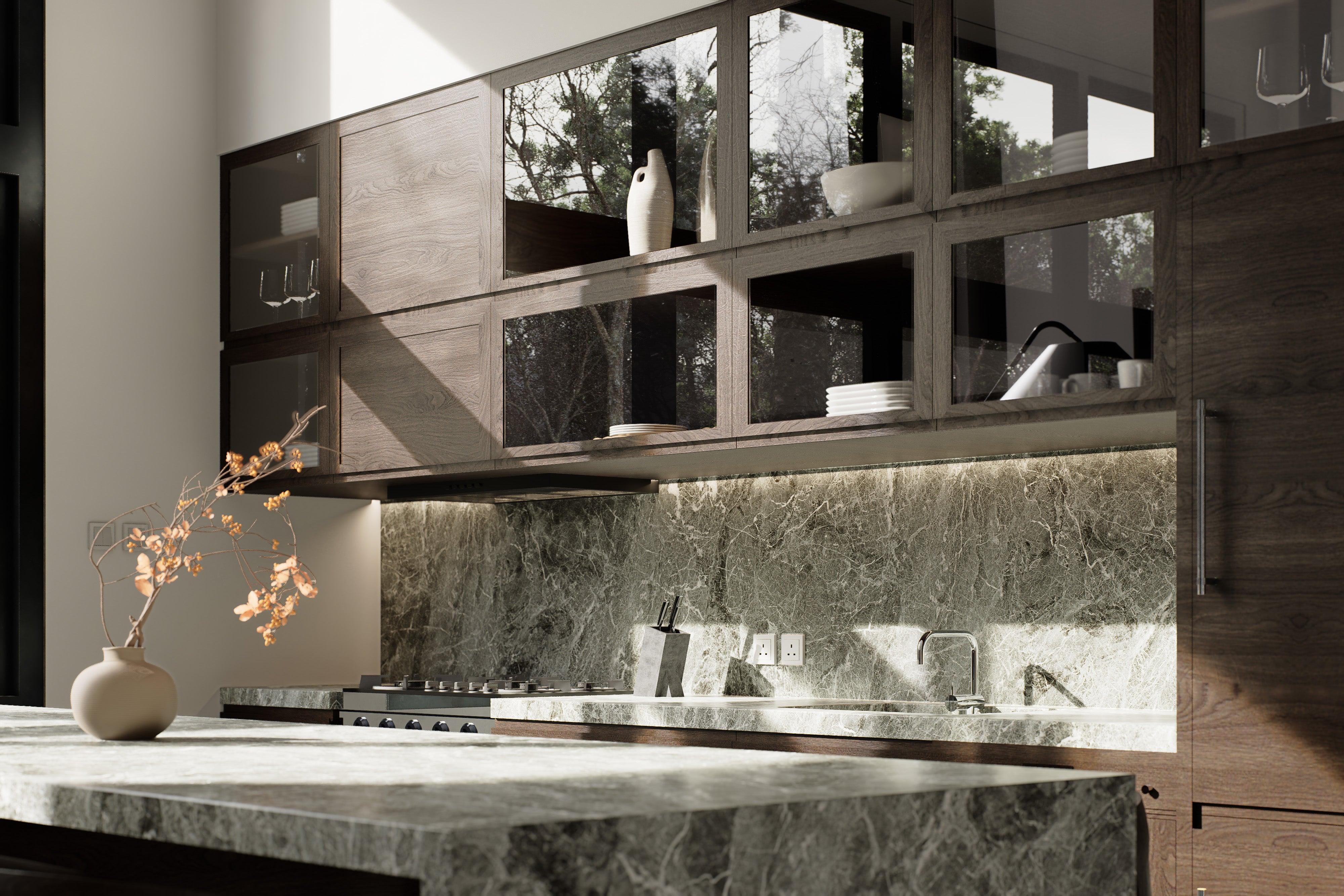 Kitchen detail of 2 bedroom midcentury cabin floor plan showing green marble backsplash, dark wood glass-front cabinets and under-cabinet lighting