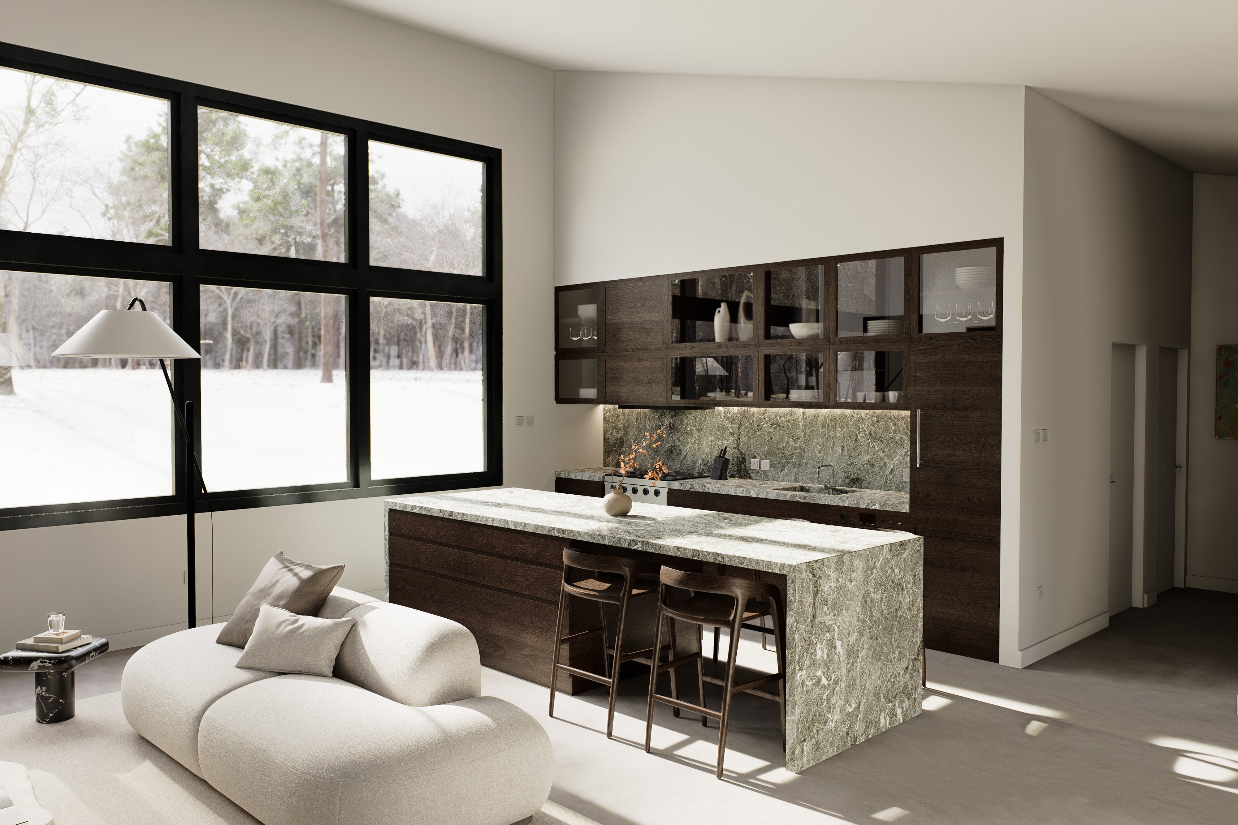 Kitchen interior of 2 bedroom midcentury cabin house plan with green marble island, dark cabinetry and open sightlines to living area and black-frame window wall