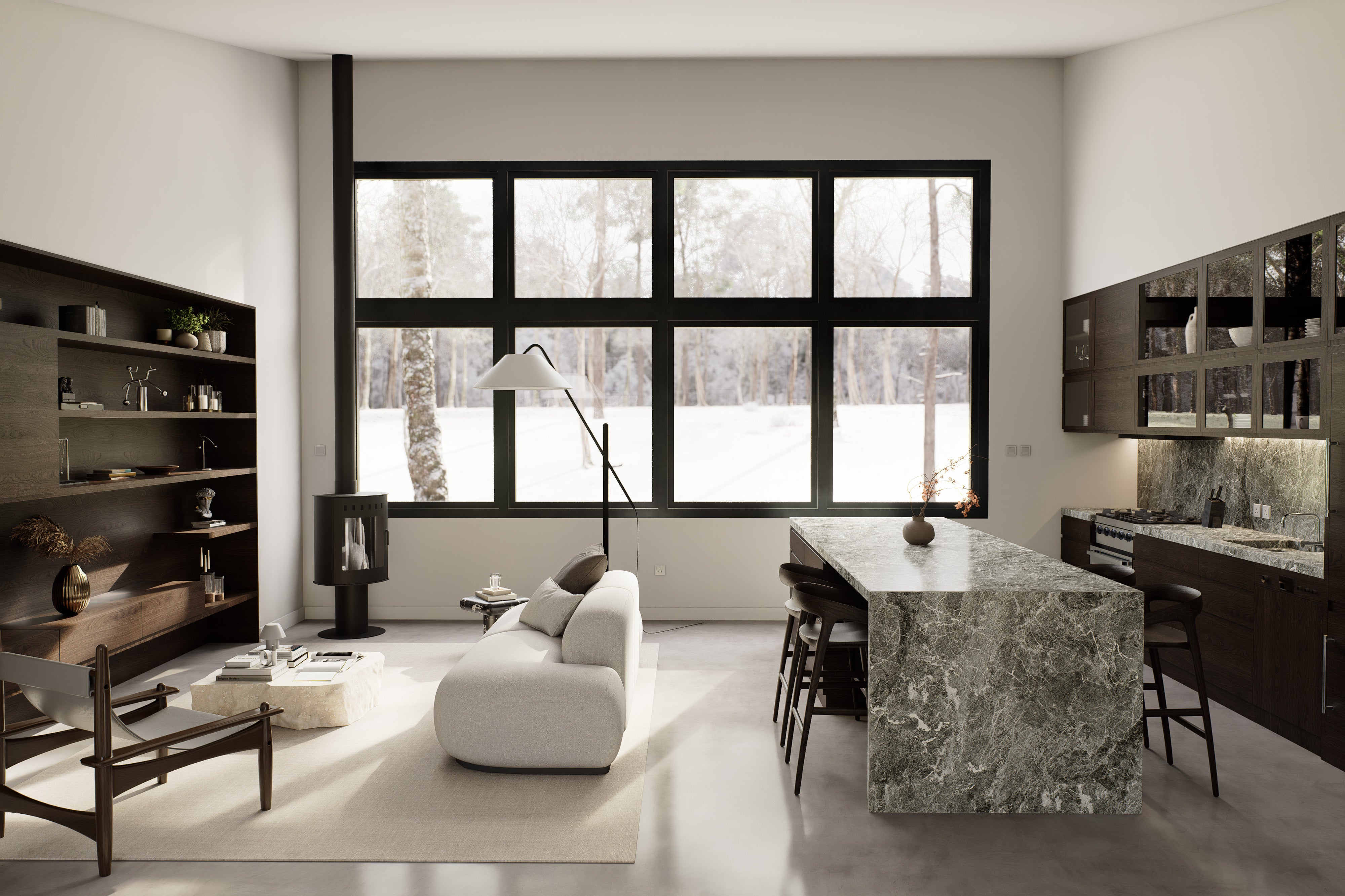 Open-concept living and dining interior of 2 bedroom midcentury cabin house plan with full-width black-frame window wall overlooking winter landscape