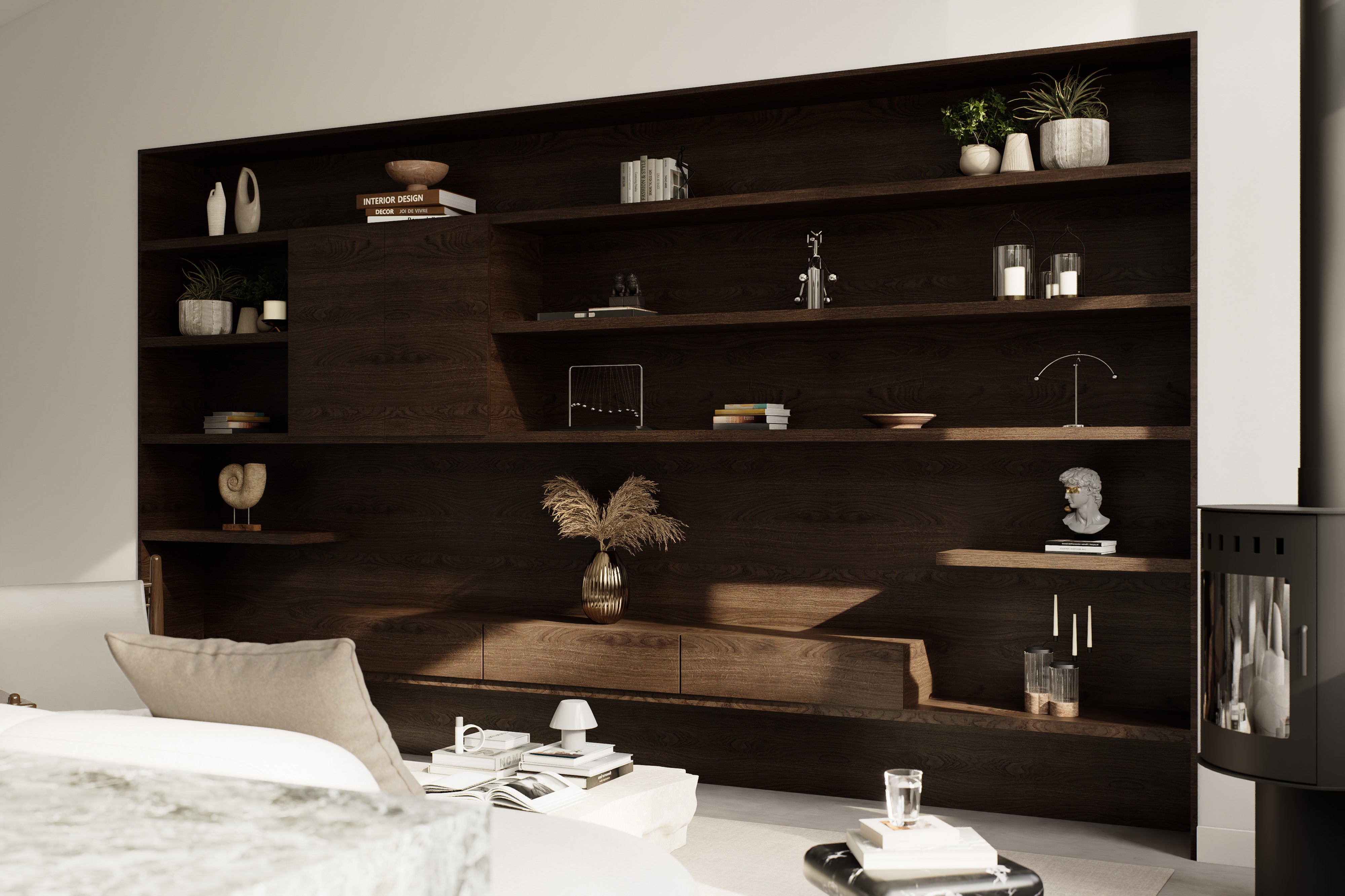 Living room detail of 2 bedroom midcentury cabin plan showing full-wall dark wood built-in shelving and freestanding wood stove