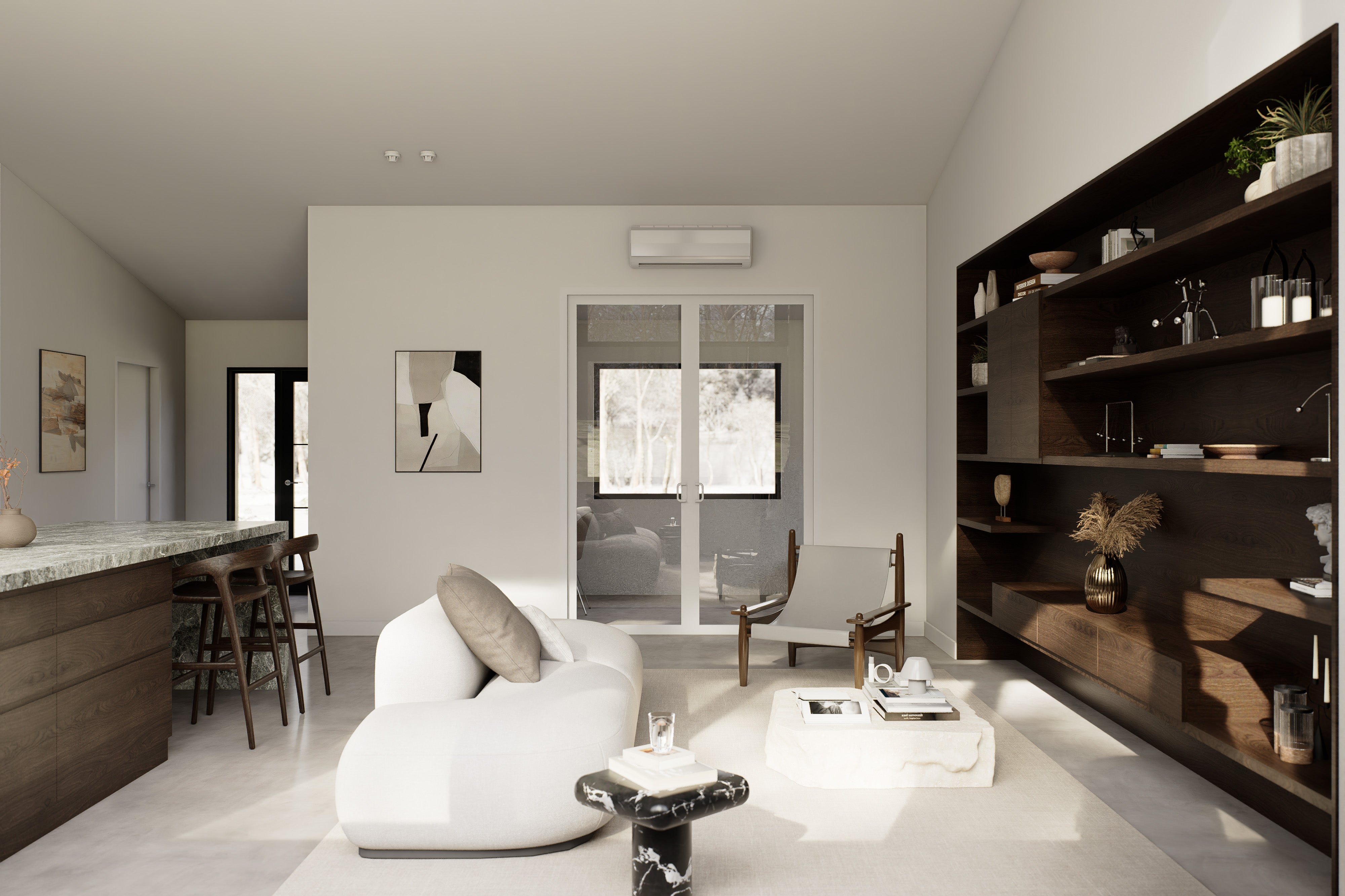 Living room interior of 2 bedroom midcentury cabin floor plan with inclined ceiling, open sightlines to kitchen island and glass door to outdoor patio