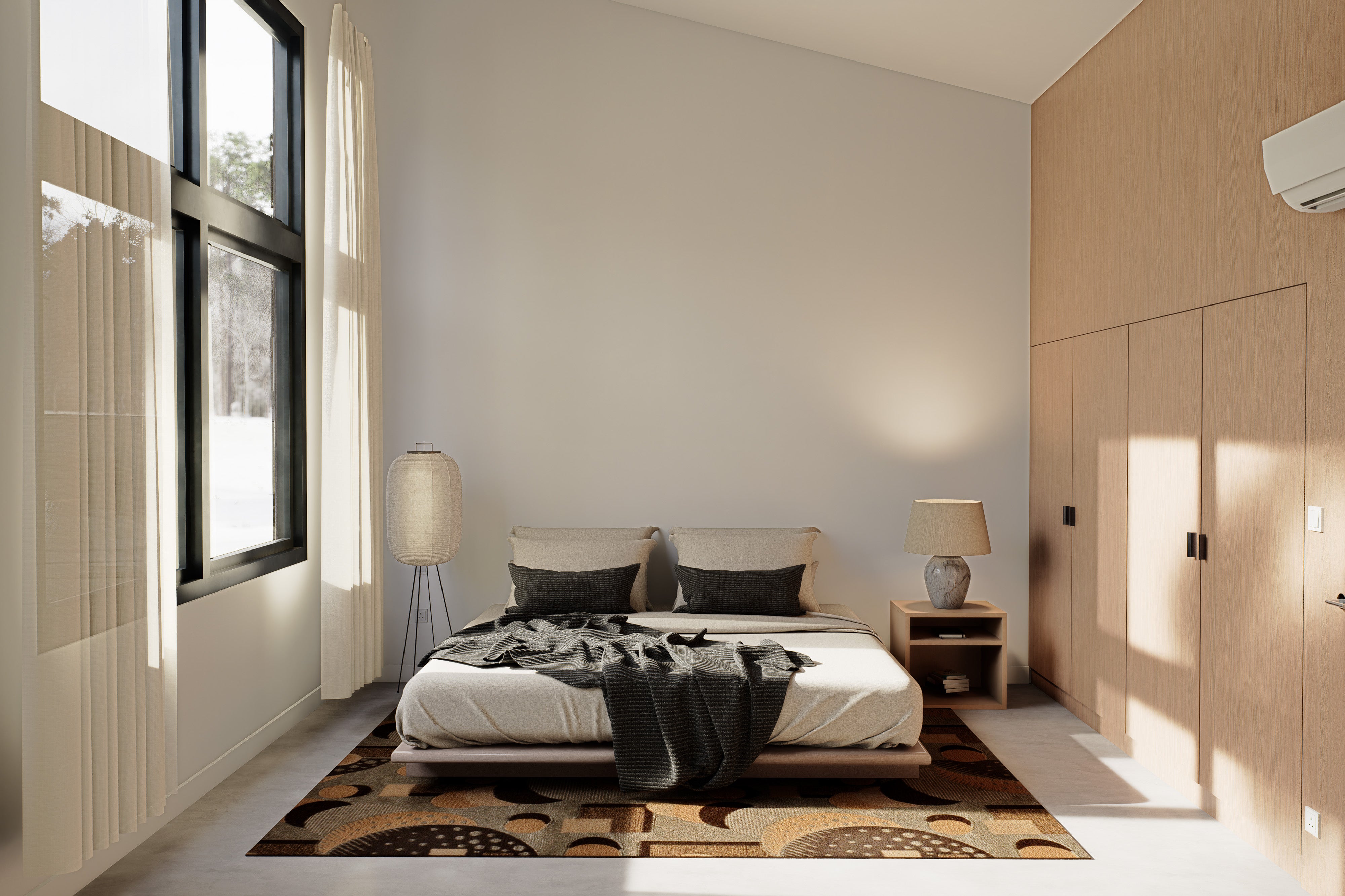 Master bedroom interior of 2 bedroom midcentury cabin plan with inclined ceiling, warm timber wardrobe and generous black-frame windows overlooking snowy landscape