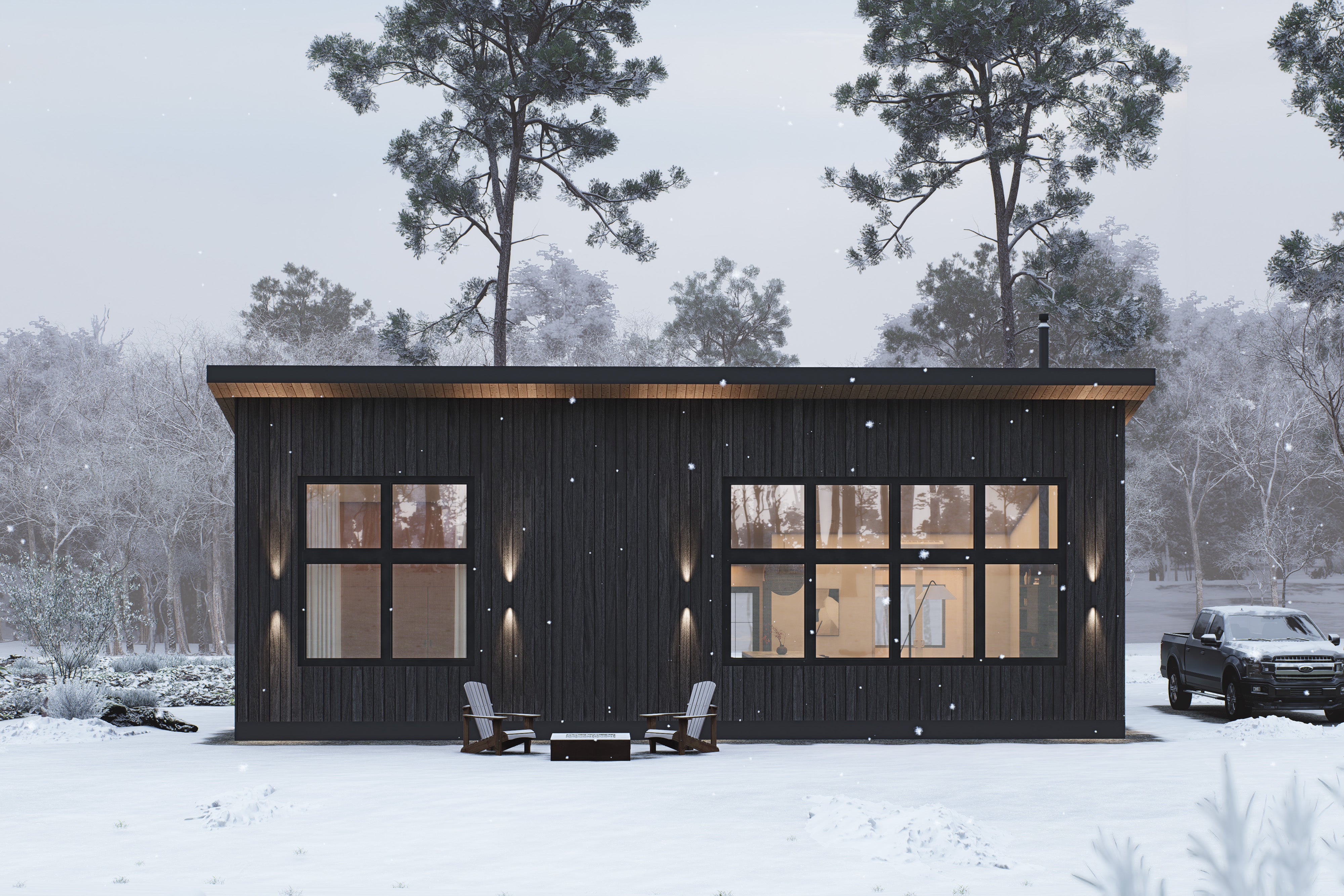 2 bedroom midcentury cabin floor plan showing dark wood siding, warm timber soffit, and oversized black-frame windows with fire pit seating. Large double layers windows