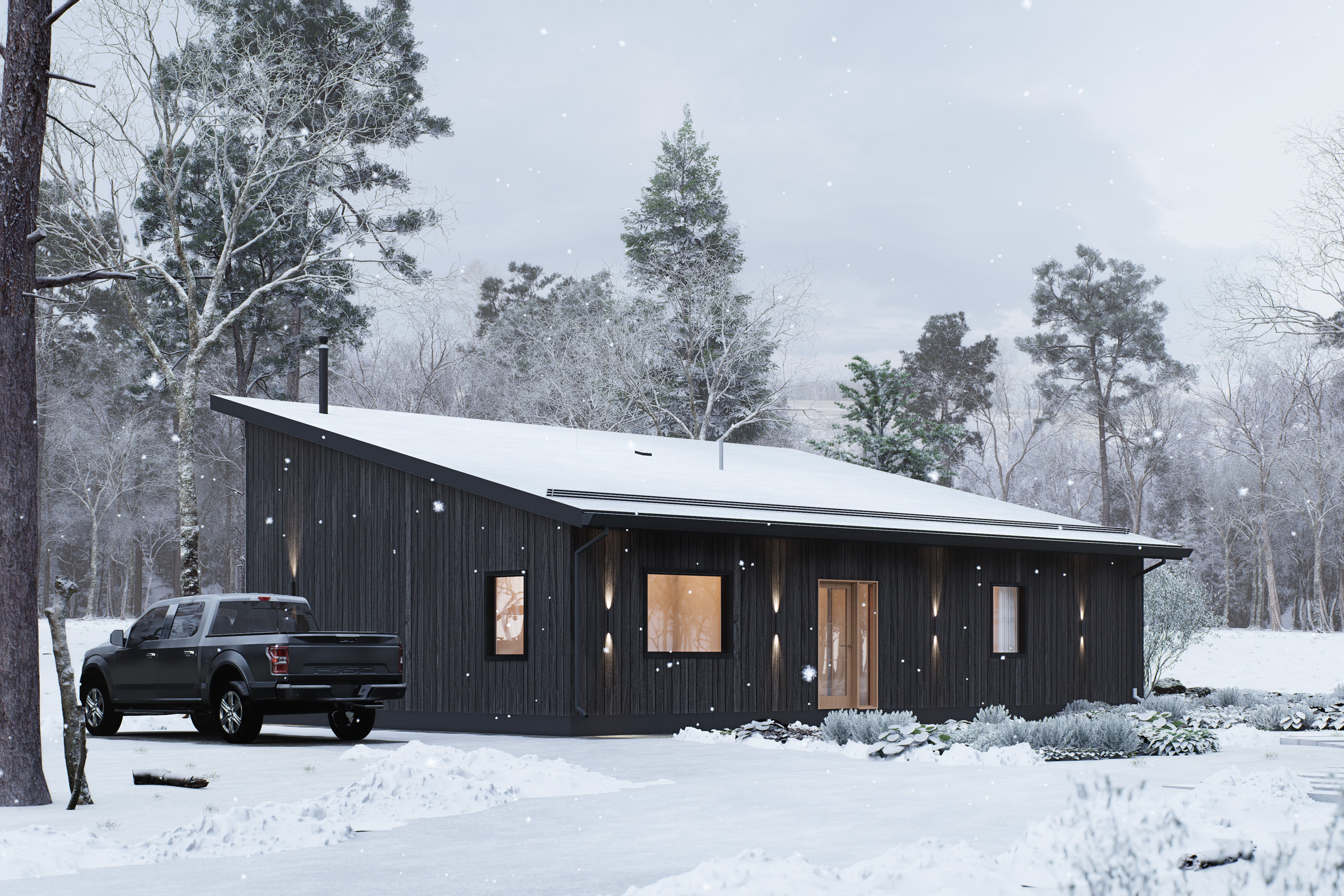 Side view of 2 bedroom midcentury cabin plan with angled shed roofline, dark wood vertical siding and black-frame windows in snowy forest setting
