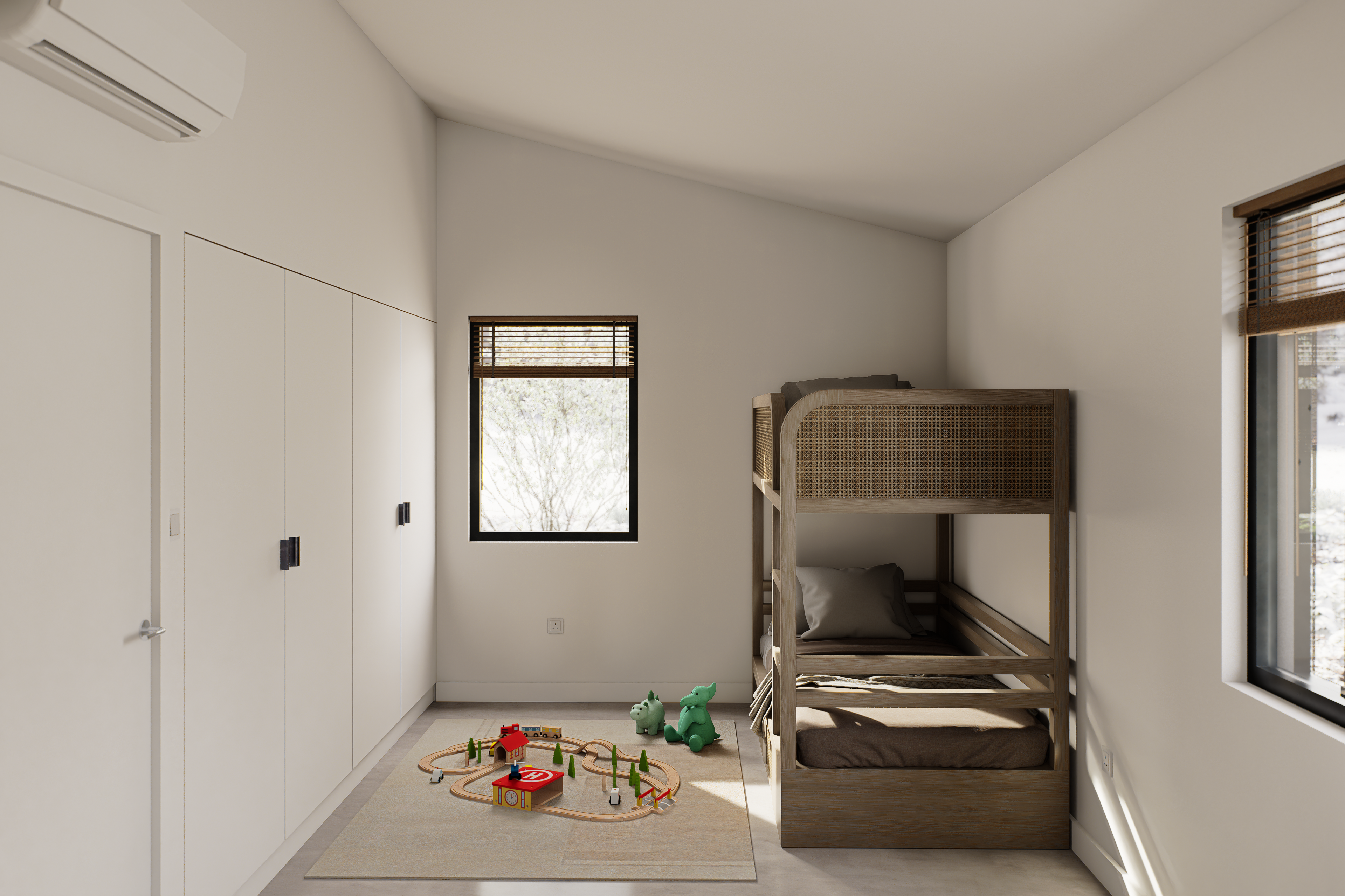 A kid bedroom interior view, with bunk bed, closet wall and 2 windows