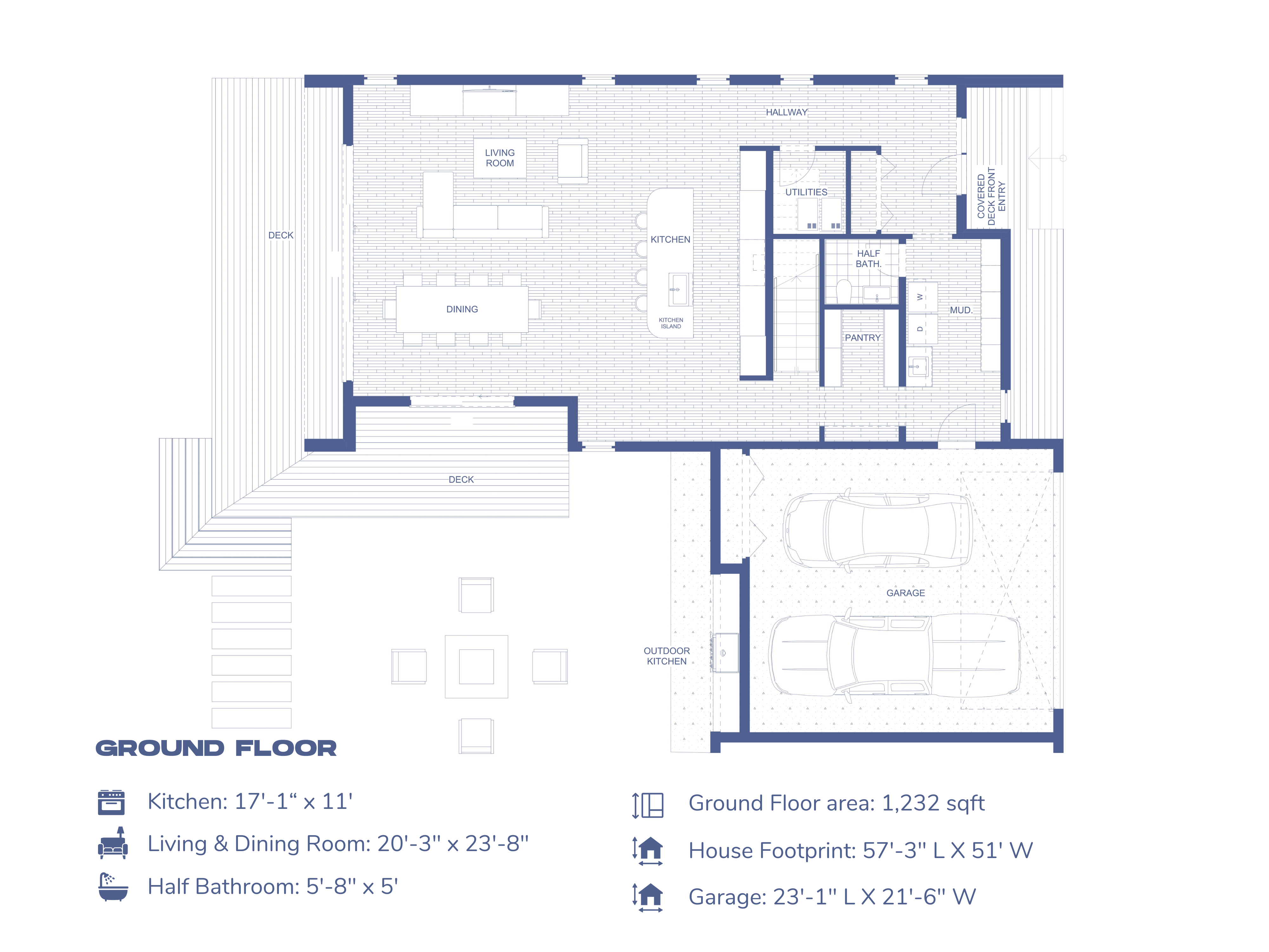 Floor plan of a barndominium-style house with labeled rooms and dimensions on a white background