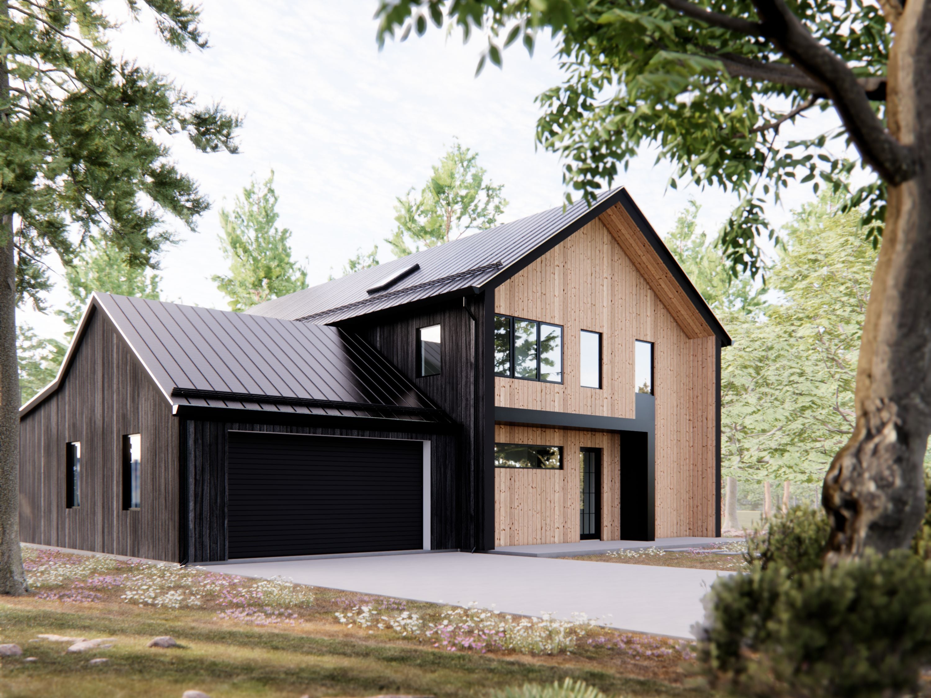Nordic barndominium floor plan front elevation with 2-car garage, black wood vertical siding, natural wood entry gable and standing seam metal roof