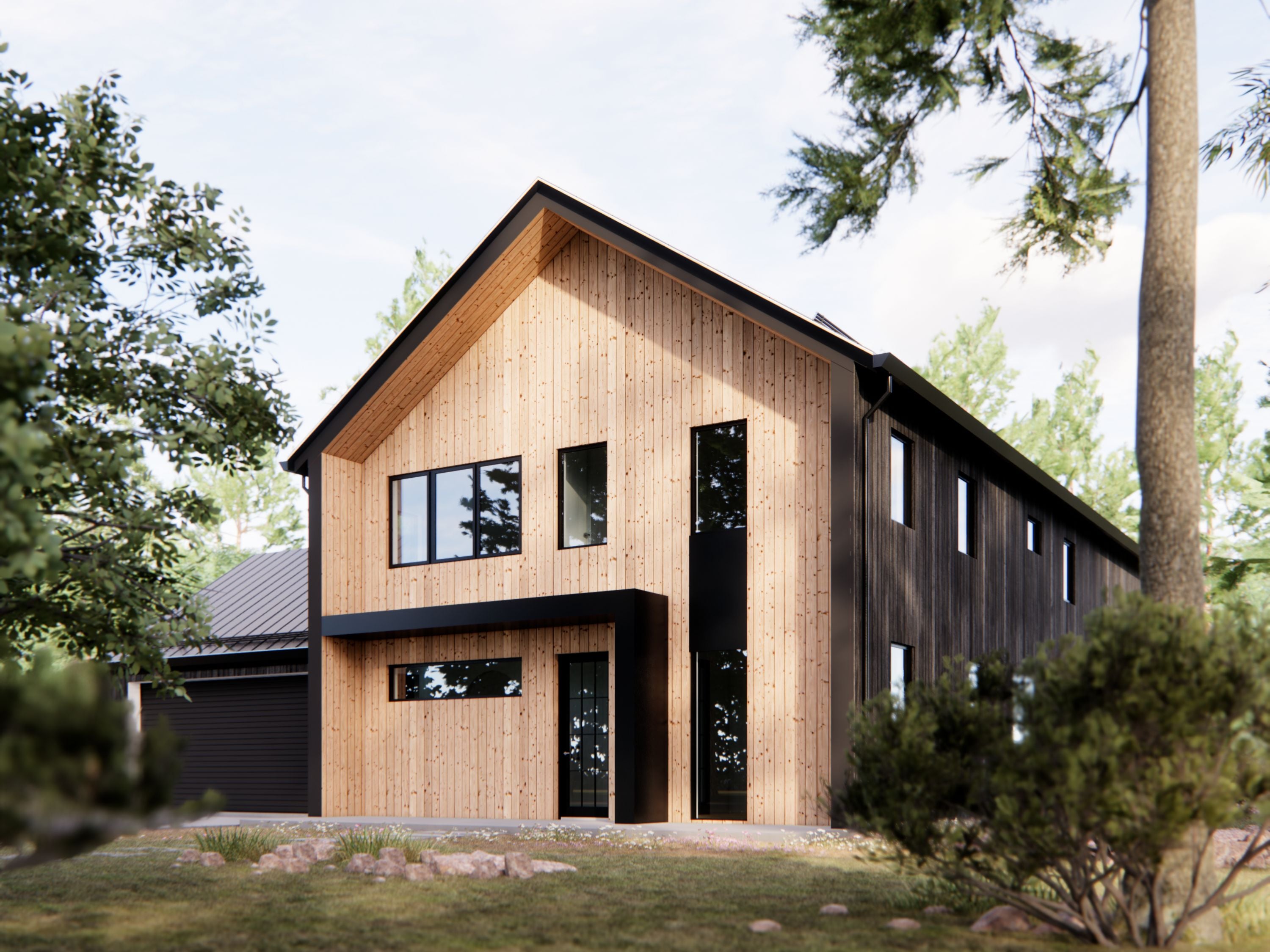 Nordic barndominium house plan front angle view with natural wood gable, dark vertical siding wing, black-frame windows and forest setting