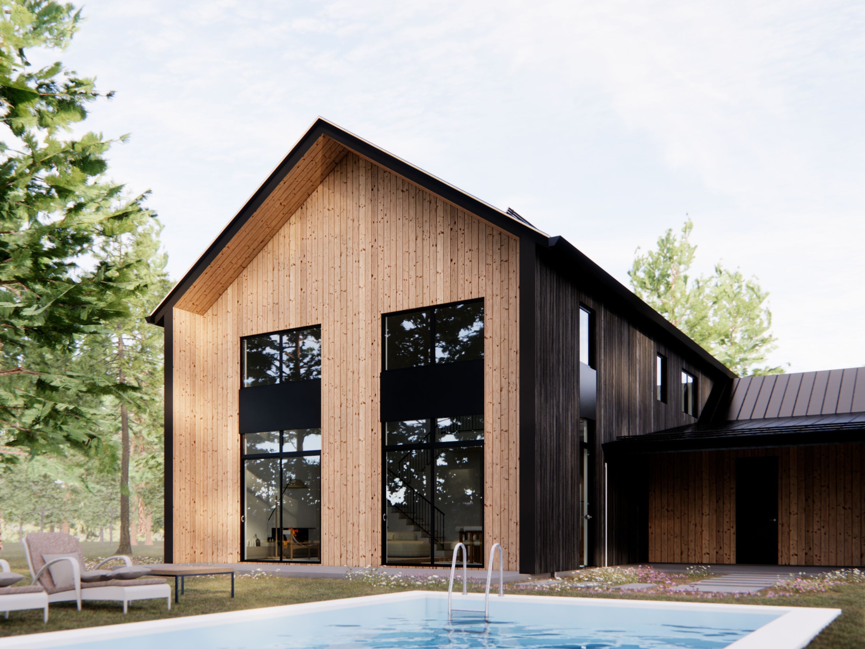 Nordic barndominium house plan rear view showing double-height gable with floor-to-ceiling windows, natural wood and black siding contrast, backyard pool