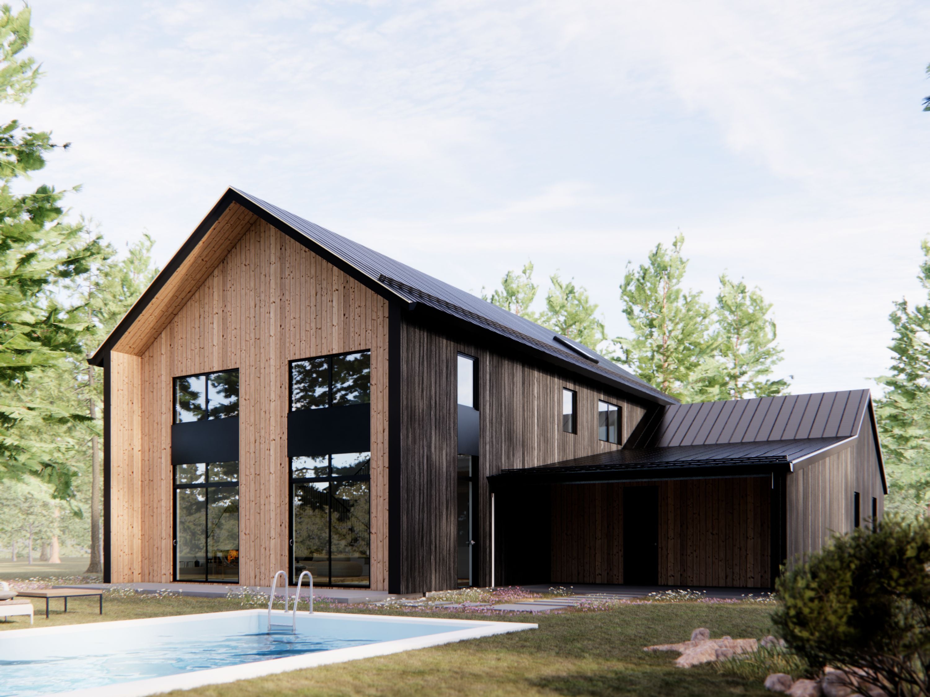 Nordic barndominium house plan rear view with backyard pool, black wood vertical siding, black standing seam metal roof and carport
