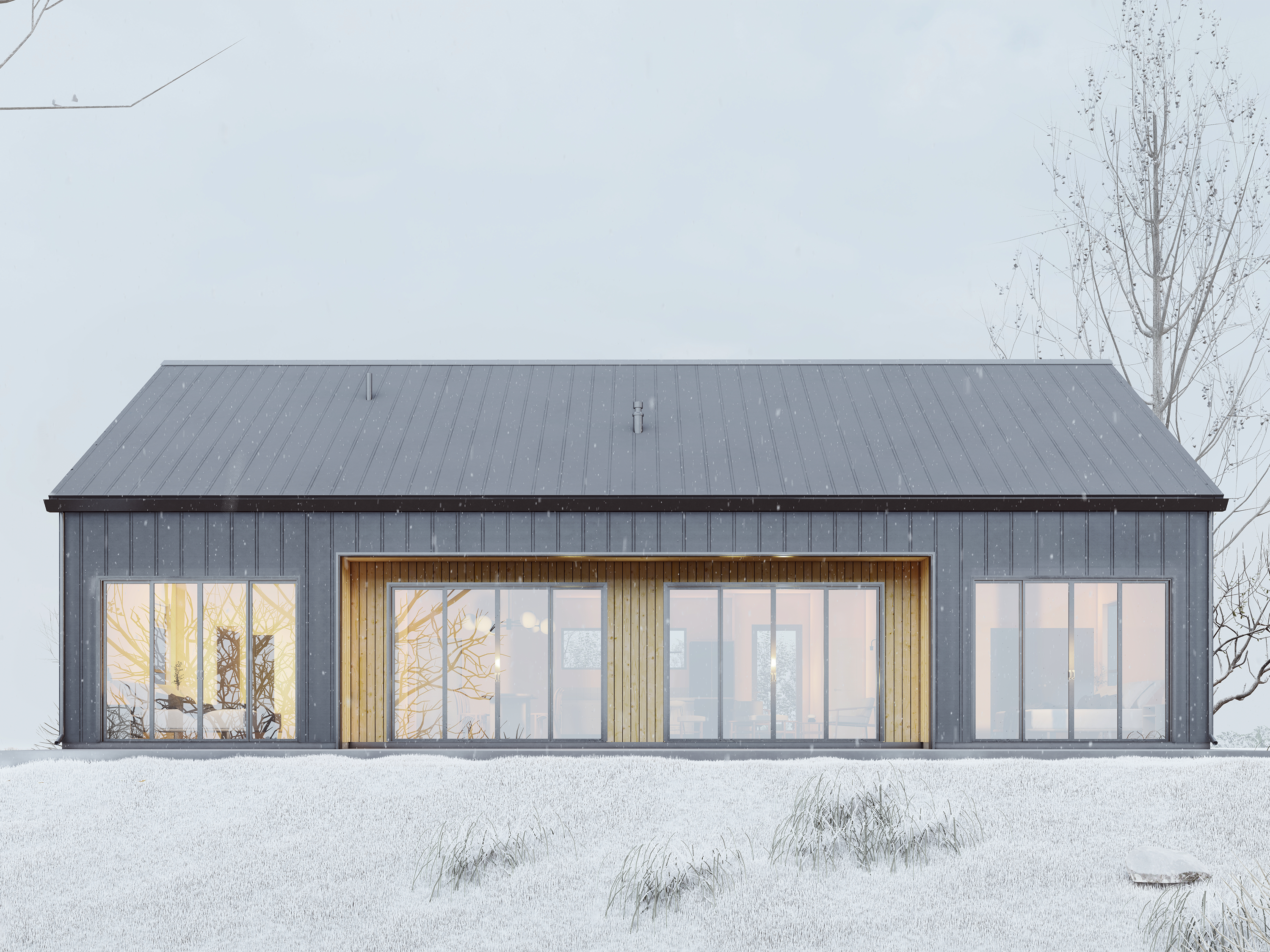 2-bedroom modern cabin house plan rear elevation with full-width floor-to-ceiling black-frame windows, wood accent entry and black standing seam metal roof and siding in winter