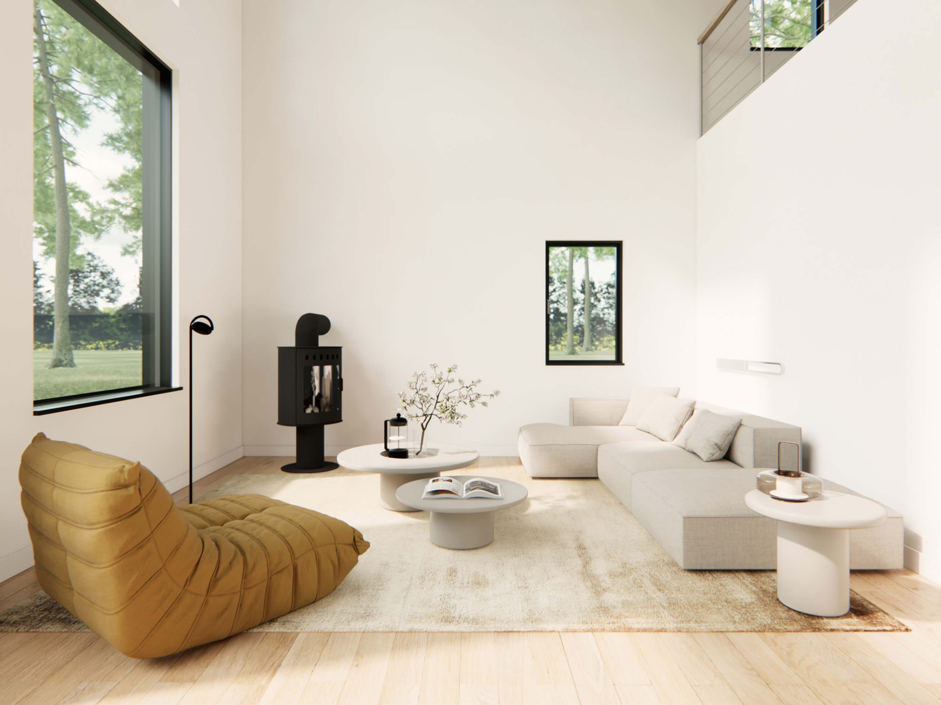 open living room with wood stove, a modern sofa, and large open window