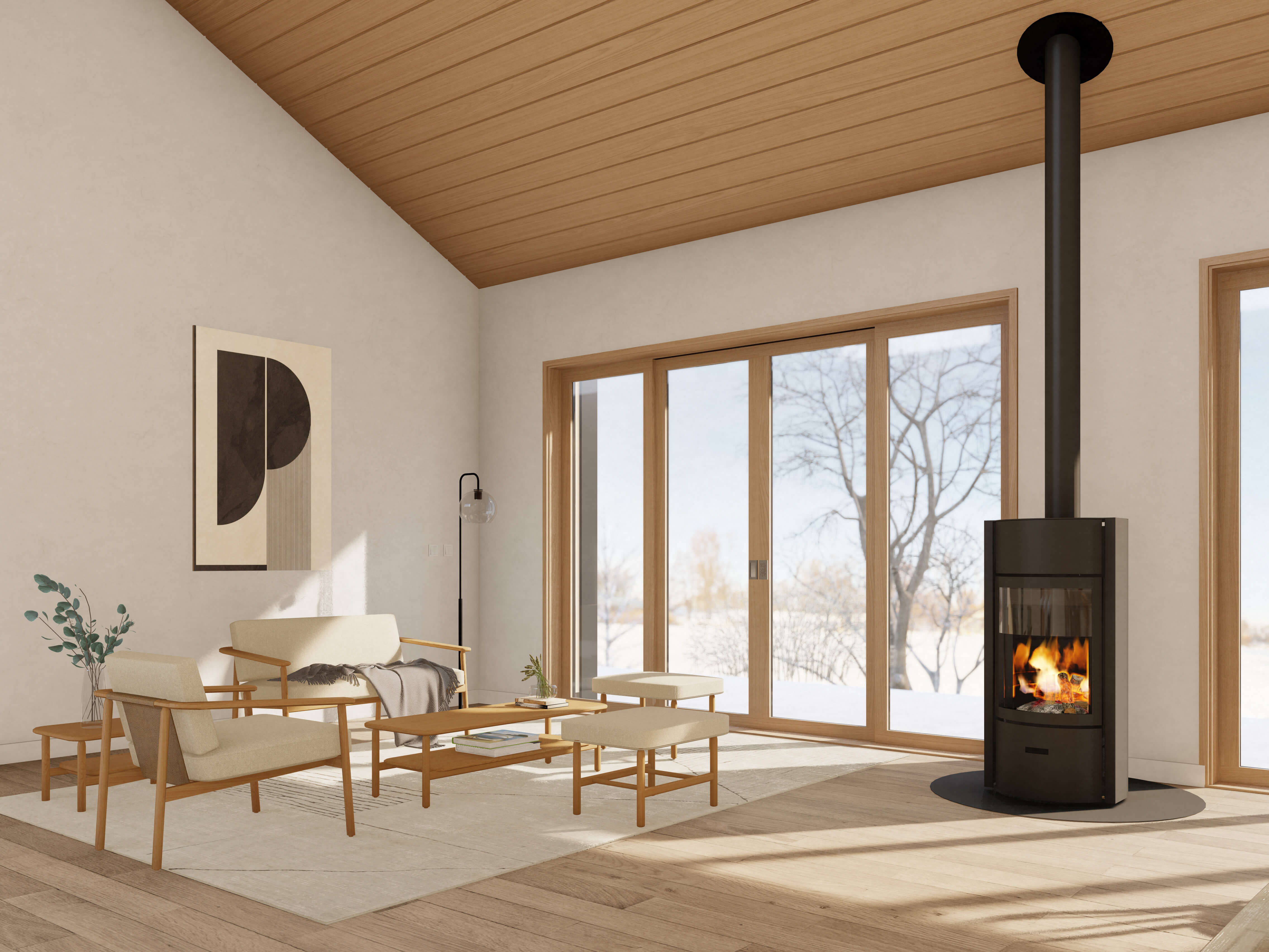 Modern cabin floor plan living room with freestanding wood stove, vaulted wood plank ceiling, large sliding glass doors and winter landscape views