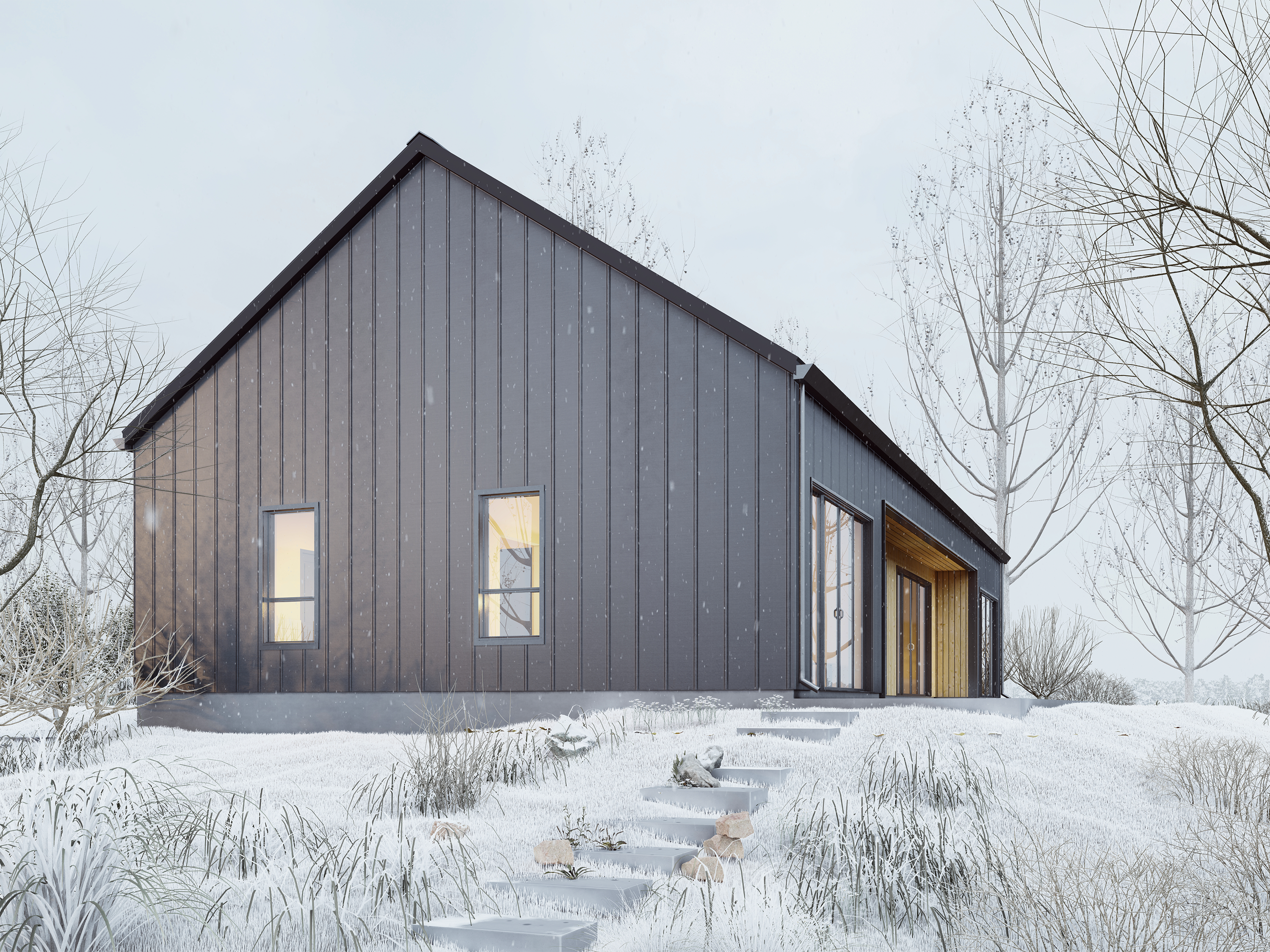 Modern cabin floor plan side gable view with standing seam metal roof and siding, wood-framed sliding doors and stone pathway in winter