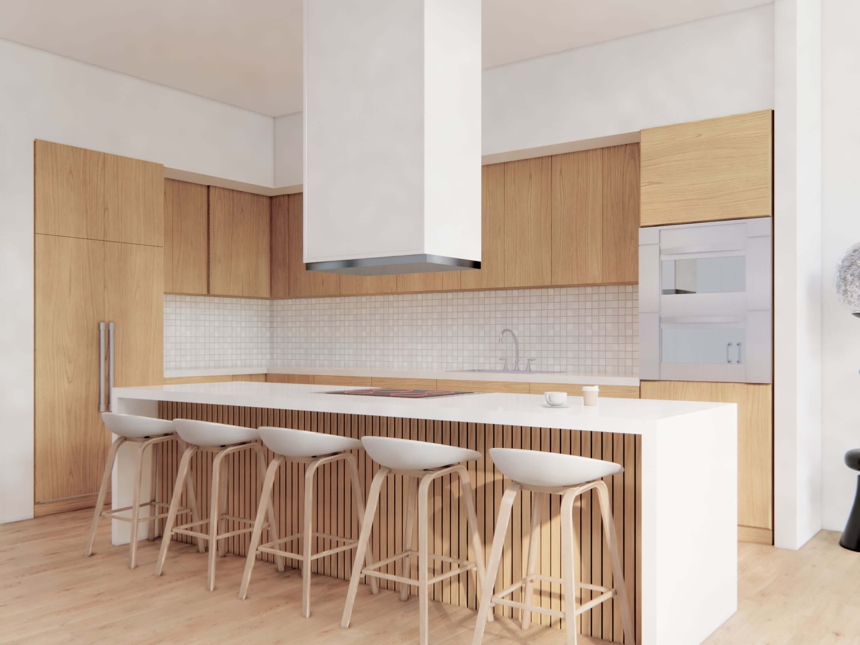 Nordic barndominium kitchen with large wood-panel island, white quartz countertop, white box hood and bar stool seating — angle view