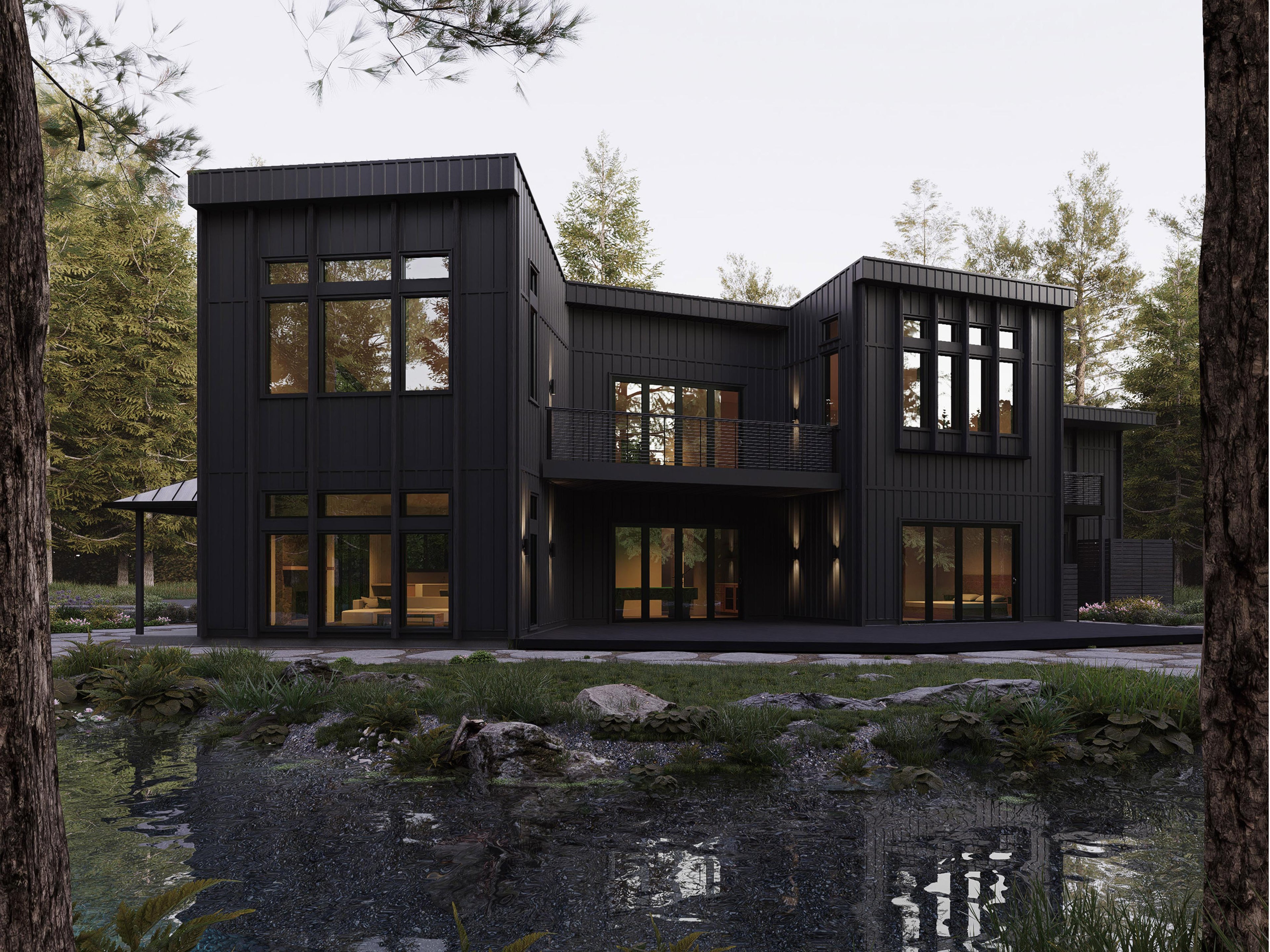 Rear exterior rendering of black board-and-batten modern artist home with floor-to-ceiling windows and balcony overlooking creek — Design with Frank Virginia