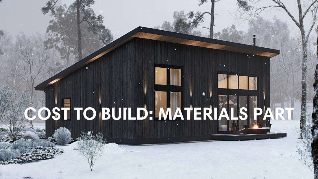 House plans with cost to build — black shed-roof midcentury cabin with wood siding and a fire pit deck in winter woods