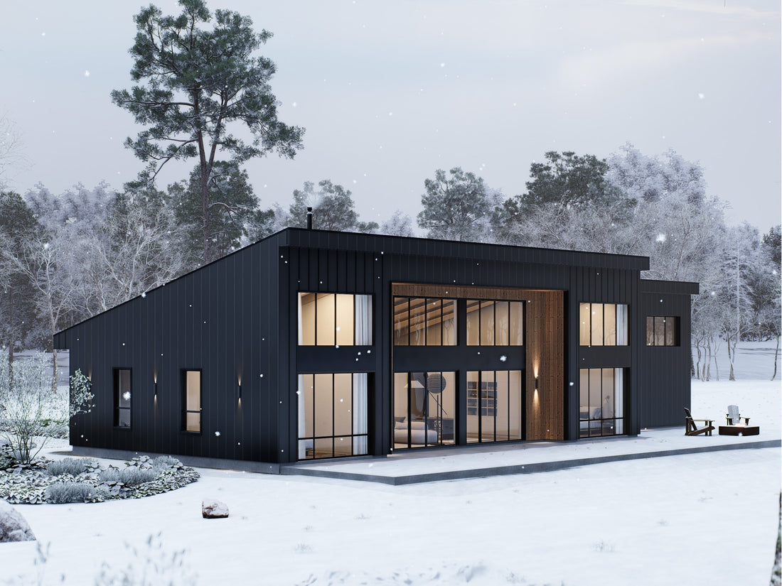 Midcentury modern house plan rear angle view with black exterior, large glazed rear facade, concrete patio and fire pit seating