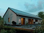 3 bedroom Super Green passive house plan — single story floor plan layout with open living and L-shaped kitchen