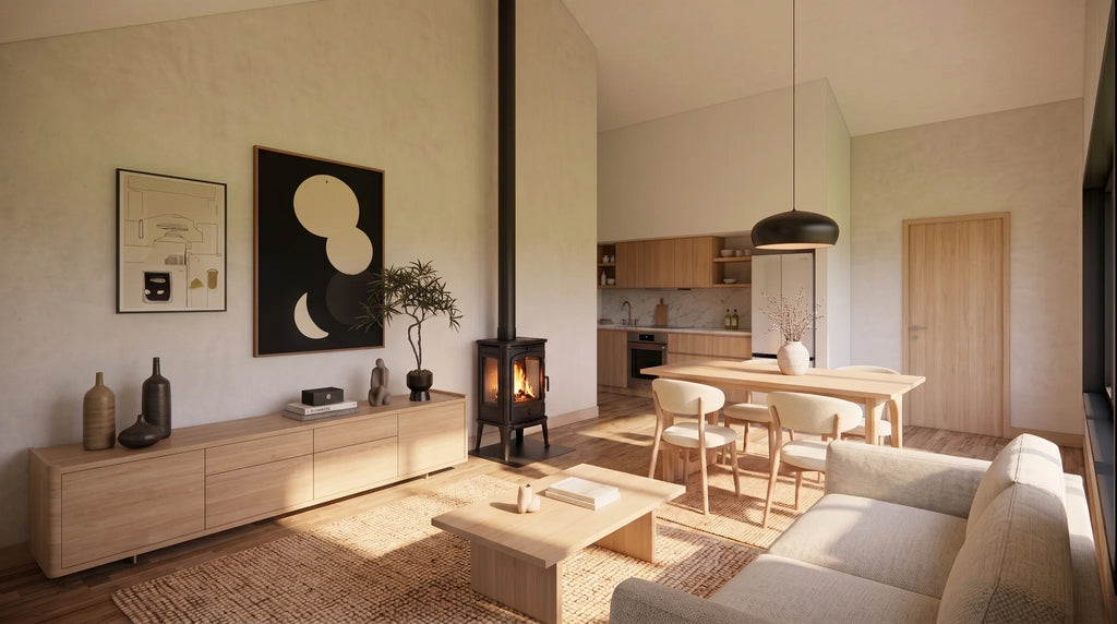 Garage apartment floor plans interior — open living room and dining area under a 14'-9" cathedral ceiling with wood stove and galley kitchen beyond