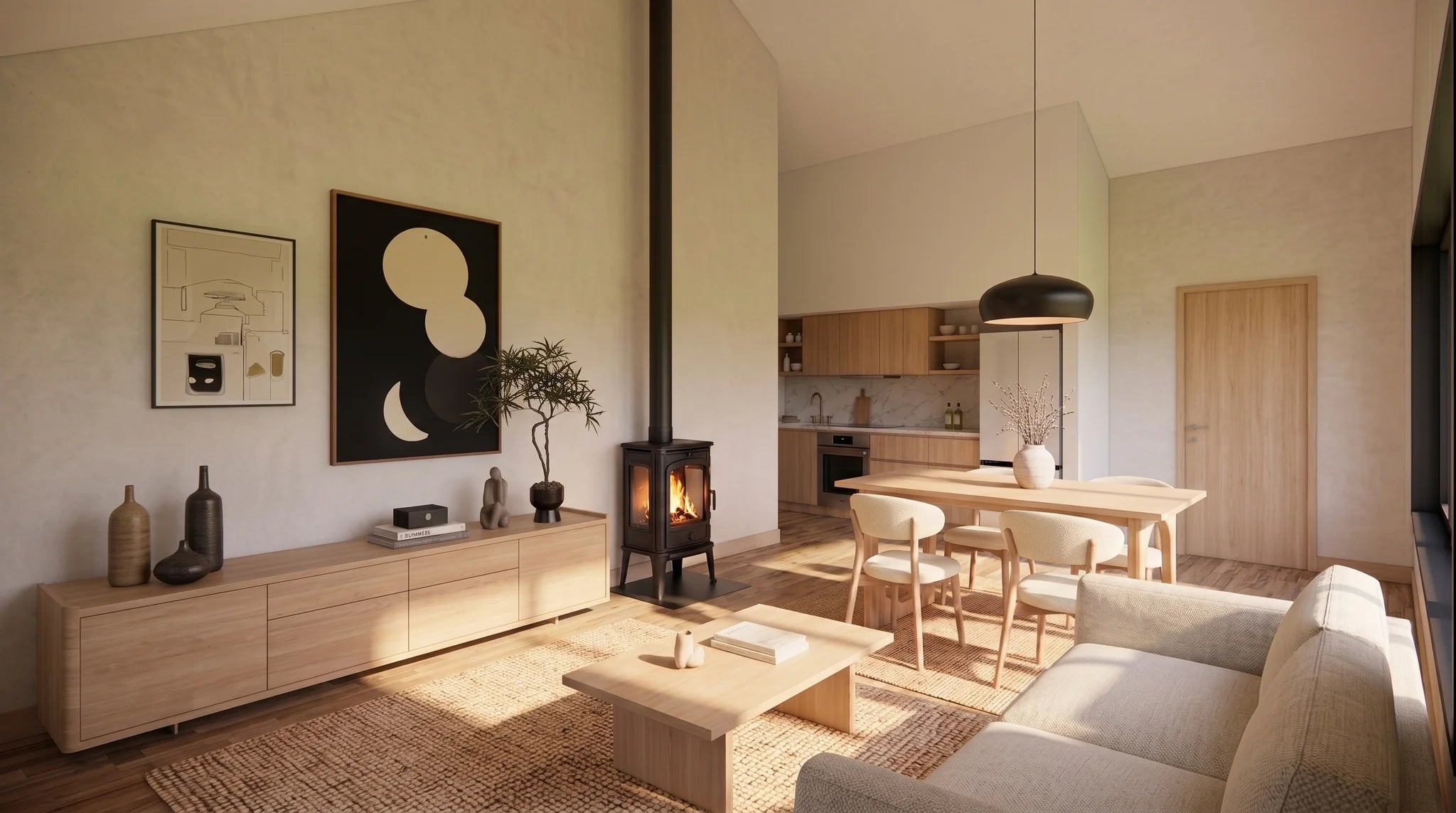 Garage apartment floor plans interior — open living room and dining area under a 14'-9" cathedral ceiling with wood stove and galley kitchen beyond
