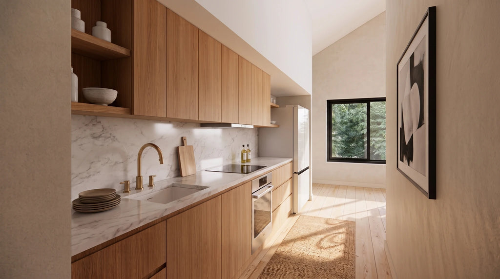 Garage apartment kitchen — 13'-11" galley run with oak cabinets, marble backsplash, cooktop, built-in oven and full-height refrigerator