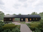 Modern dogtrot house plan exterior angle — two wings and an open breezeway