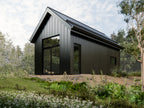 Micro cabin ADU exterior — modern tiny house plan with black metal siding and large windows