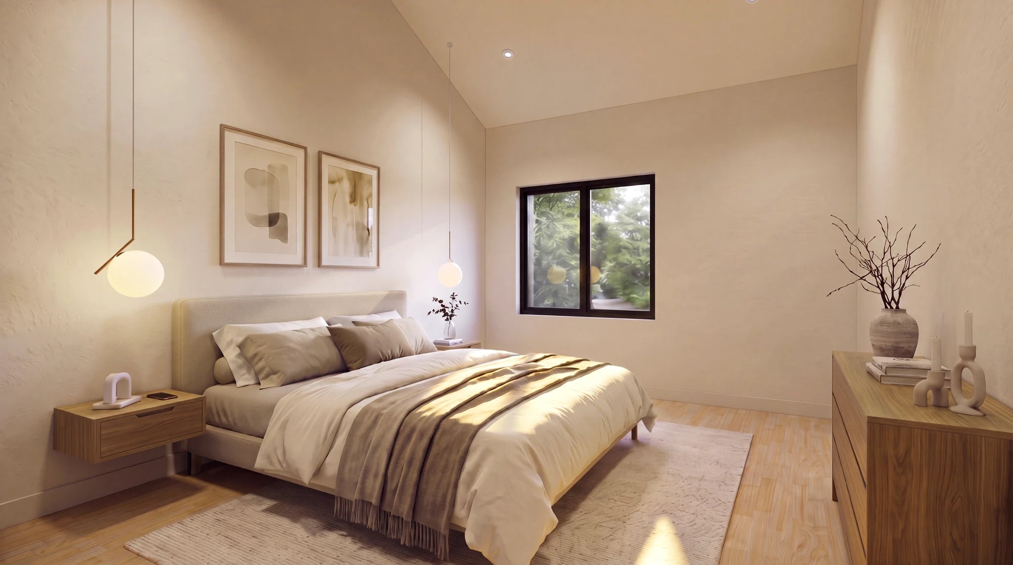 Two bedroom garage apartment plans — bedroom with vaulted ceiling, queen bed, floating nightstands and casement window
