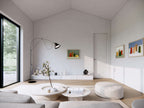 Modern dogtrot house plan master suite — bedroom wing with floor-to-ceiling windows