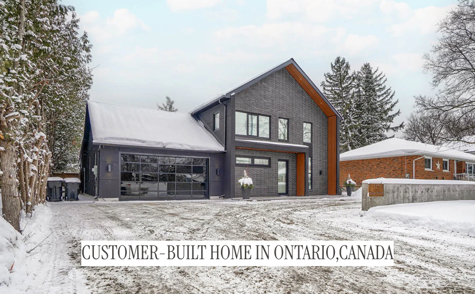 Customer-built 5 bedroom Nordic barndominium in Collingwood, Ontario, Canada — modern black gable home built from the DesignwithFrank plan
