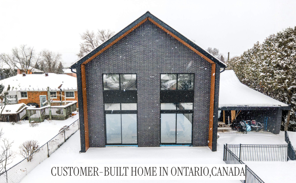 Customer-built Nordic barndominium in Collingwood, Ontario — real DesignwithFrank family home in a snowy suburban setting