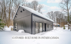 Customer-built Mini Barndominium exterior — completed Corner Place Cottage, a real 2 bed 2 bath modern barndominium home built by a client in Tiny, Ontario
