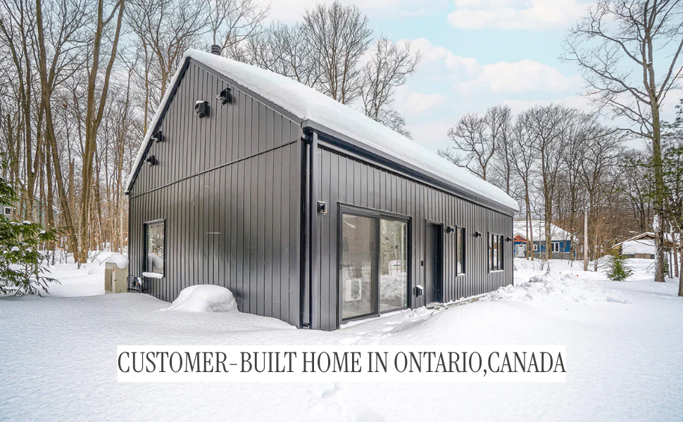 Customer-built Mini Barndominium exterior — completed Corner Place Cottage, a real 2 bed 2 bath modern barndominium home built by a client in Tiny, Ontario