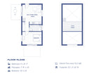 Micro steel cabin ADU floor plan — 512 sqft 1 bedroom layout with living area, kitchenette, bath and loft