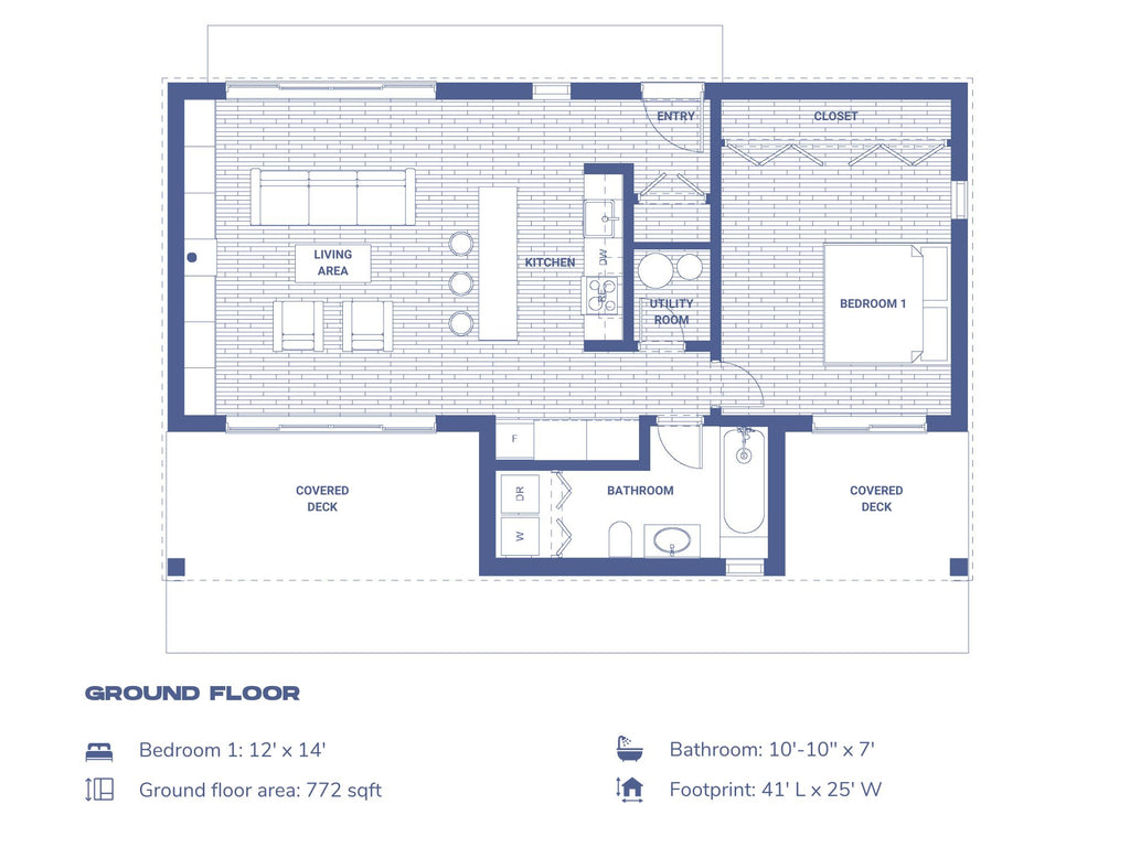 1 bedroom vacation cabin floor plan — 772 sqft, 41x25 ft footprint with open living, galley kitchen, and covered decks