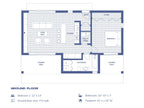 772 sqft 1 bedroom cabin floor plan — 41x25 ft layout with open living, eat-in island kitchen, pantry wall and covered decks