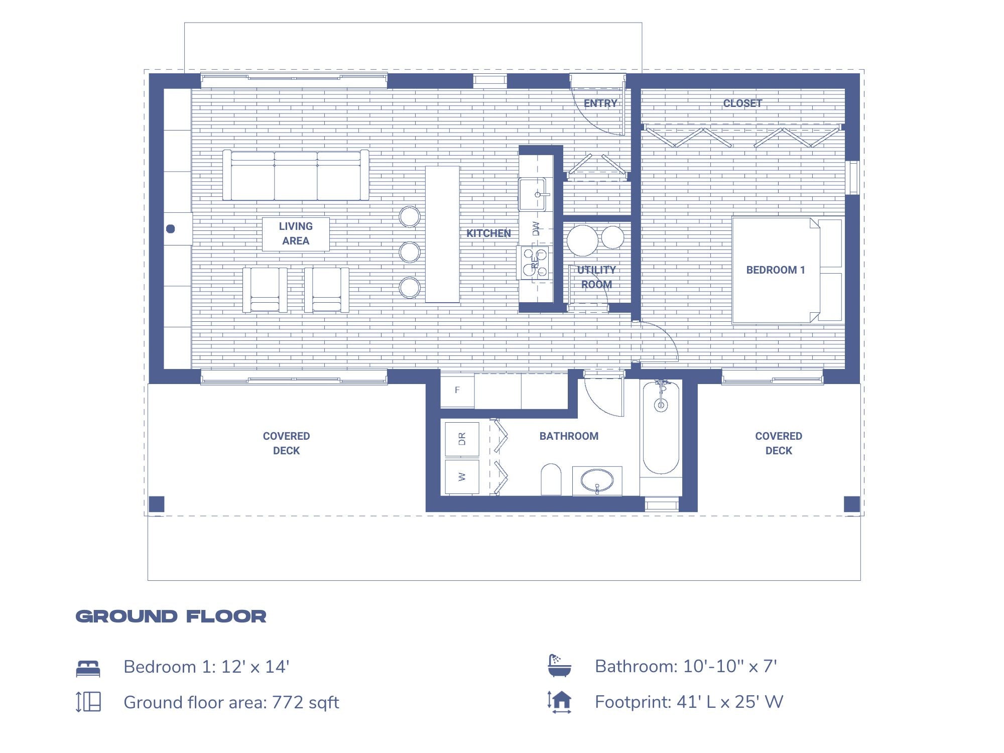 1 bedroom vacation cabin floor plan — 772 sqft, 41x25 ft footprint with open living, galley kitchen, and covered decks