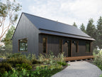 Mini barndominium exterior — compact modern barn-style home with standing seam roof