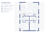 Mini barndominium floor plan — under 1,000 sqft 2 bed 2 bath layout with open living, island kitchen and covered porch