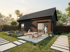 Micro cabin ADU exterior — modern tiny house with steep standing seam metal roof and large windows