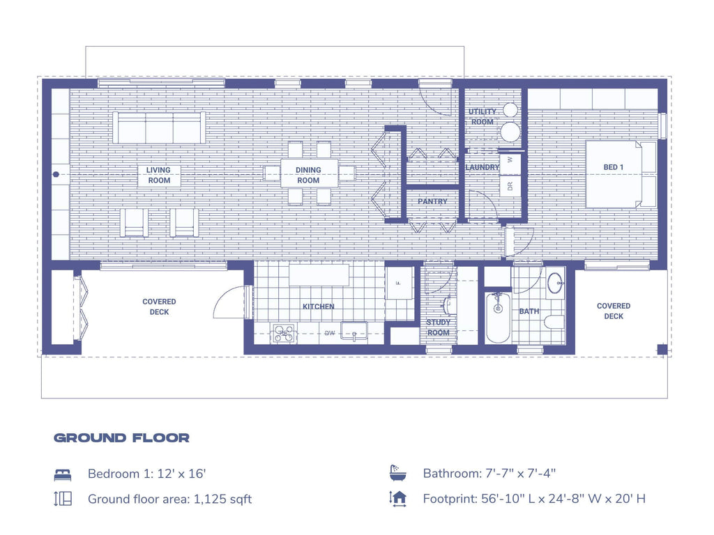 1 bedroom large house floor plan — 1125 sqft open living, dining, kitchen, walk-in closet and covered deck
