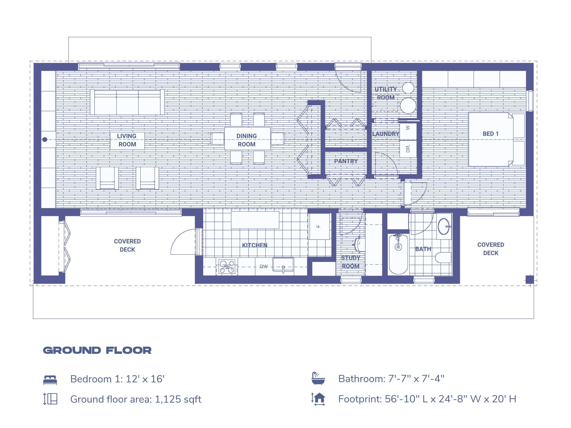 1 bedroom large house floor plan — 1125 sqft open living, dining, kitchen, walk-in closet and covered deck