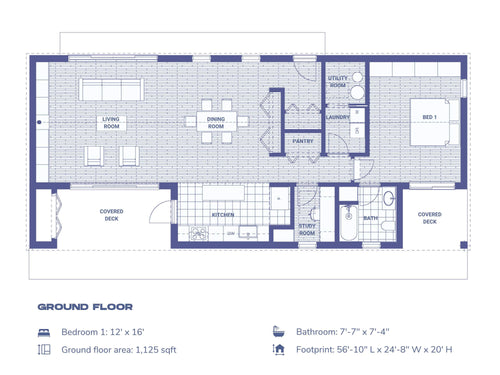 1 bedroom large house floor plan — 1125 sqft open living, dining, kitchen, walk-in closet and covered deck
