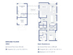 Twin barndominium ground floor plan — open living, L-shaped kitchen, master suite, screen porch and ADU